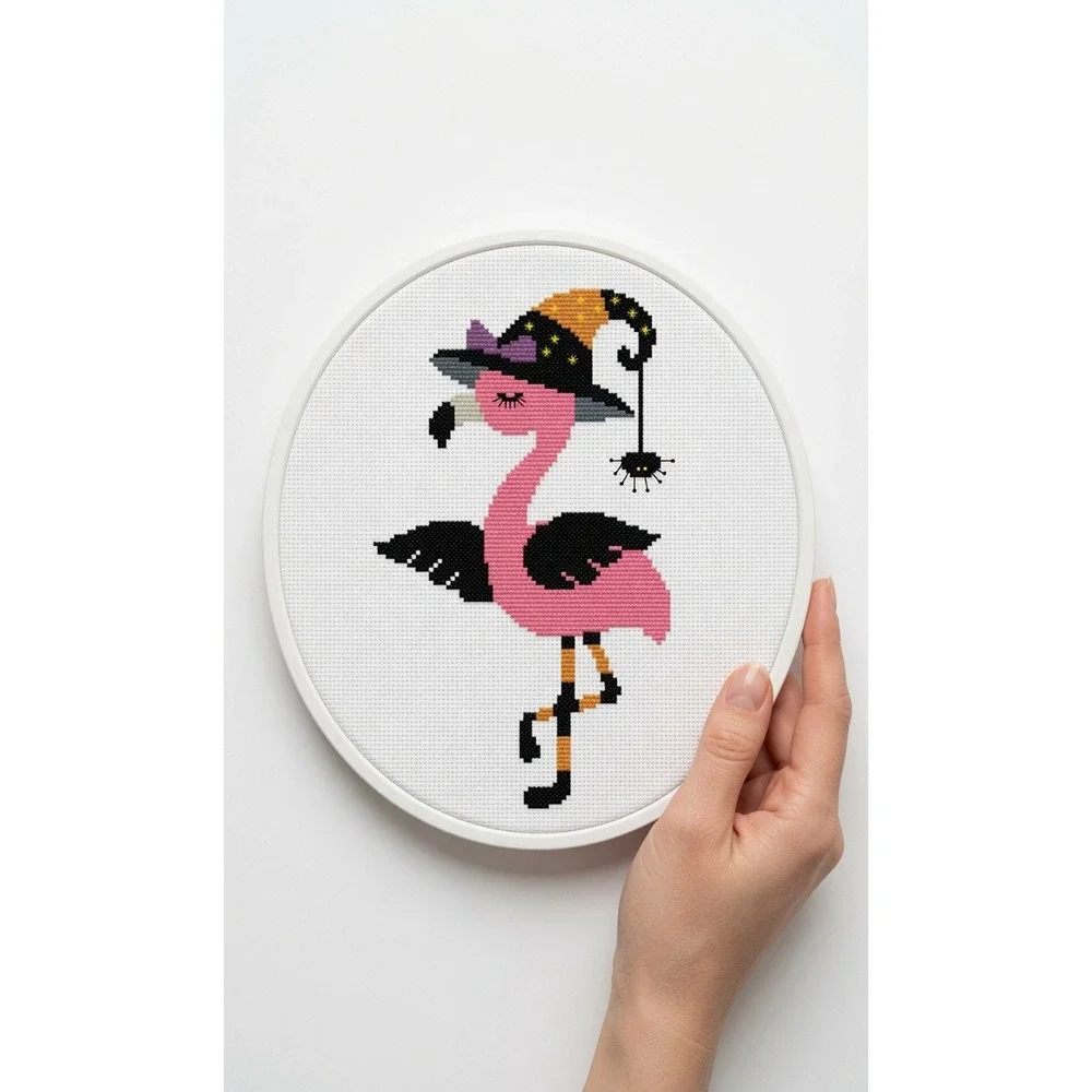 Halloween Flamingo Witch Funny Cross Stitch Pattern